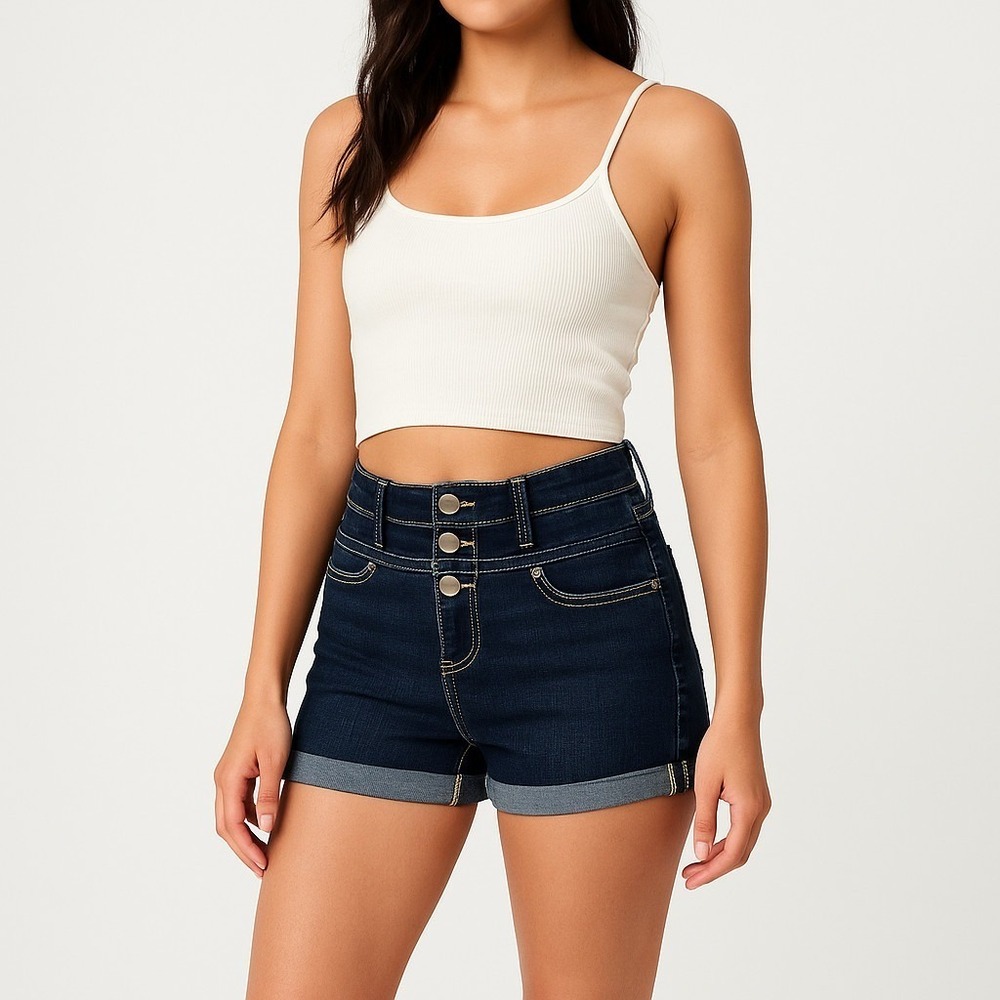 Xhilaration Dark Wash Denim Jean Shorts Rolled Cuff Mid Rise Triple Button Sz 6
